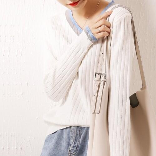 2021 spring new loose V-neck fashion drawstring bottoming shirt Korean knit womens pullover wool sweater casual long sleeves