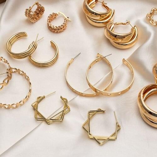 New Vintage Golden Hoop Earrings for Women Fashion Korean Geometric Metal Circle Dangle Drop Earring 2021 Trendy Female Jewelry