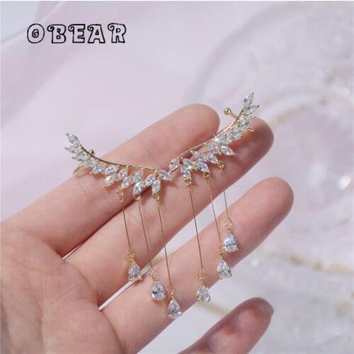 OBEAR 14k Real Gold Plating Fashion Simple Wing Water Drop Tassel Zircon Ear Clip Women Luxury Temperament Daily Jewelry
