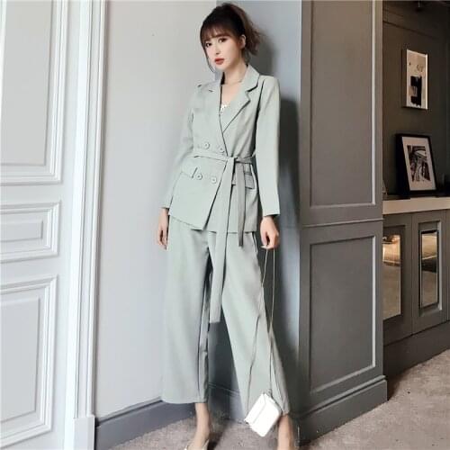Autumn Winter Women Lace Up Pant Suit Notched Blazer Jacket & Wide Leg Pant Office Female Sets