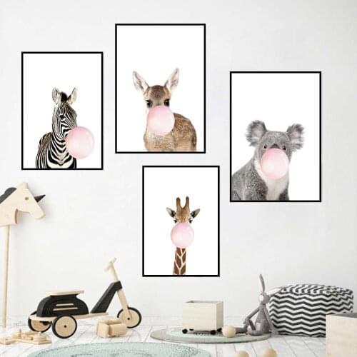 Pink Bubble Zebra Giraffe Child Posters Animal Wall Art Canvas Nursery Prints Painting Nordic Kid Baby Room Decoration Picture
