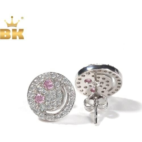 THE BLING KING Smile Face Earrings Full Iced Out Pink Blue Bling Cubic Zirconia Brass Earrings Fashion Hiphop Jewelry Gift Women