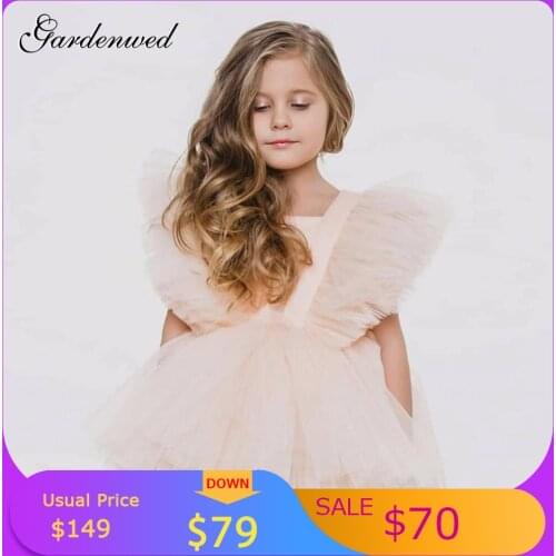 Gardenwed A-line Tuxedo Kids Flower Girl Dresses Organza Layers Prom Dress V-collar Tulle Sleeves Celebrity Dresses