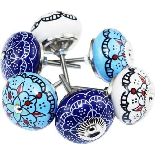 Vintage Painted Ceramic Knobs Ethnic Style Round Furniture Handles with Screws Single Hole Cabinet Wardrobe Furniture Door Pulls