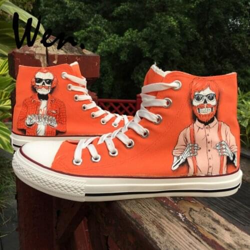 Wen Original Design Red Hair with Sunglasses Trendy Males Skeletons Hand Painted Skate Shoes High Canvas Sneakers for Men Boys