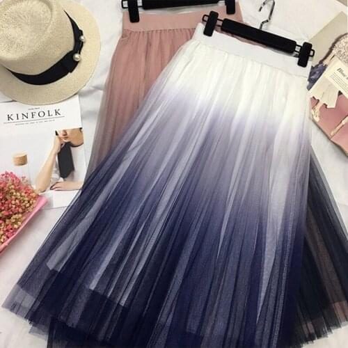 Long Tulle Skirt Women Autumn Gradient Elegant High Waist A-line Pleated Midi Skirt