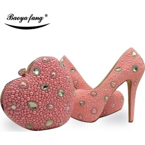 Women wedding shoes Bride party shoe with matching bag fashion pink pearl shoes and purse sets high heels platform shoes
