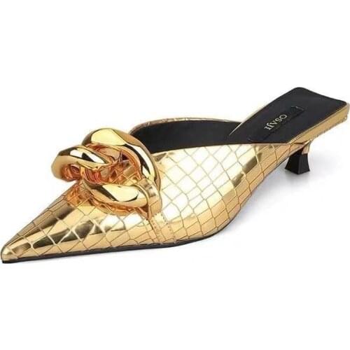 2021 Chain Sandals Med Heel Mules Slippers Ladies Pointed Toe Strange Style Outside Sandals Shoes Women Casual