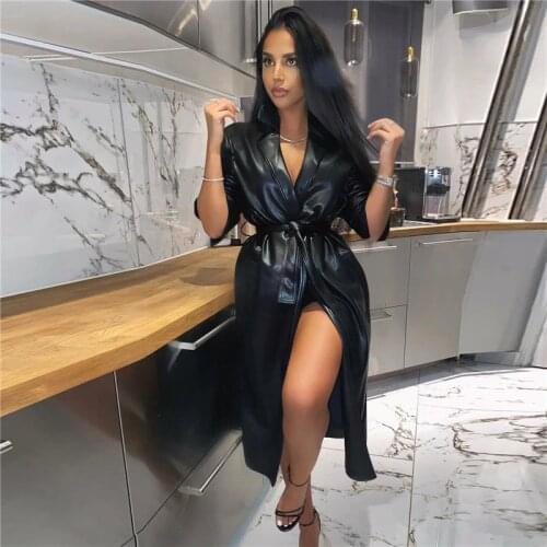 Imcute PU Leather Long Trench Coat Women With Belt Fashion Oversized Outwear Female 2021 High Quality Elegant Winter Clothes