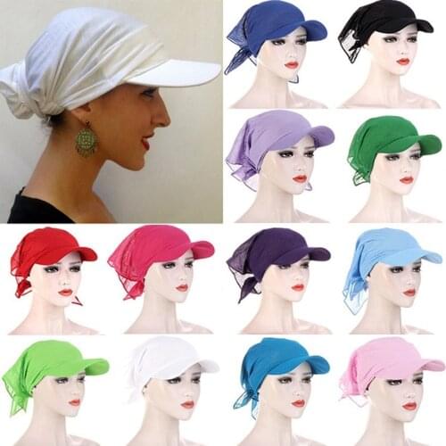 1PC Women Brim Cap Sun Visor with Pre-Tied Turban Caps Head Scarf Hijab Pure Color Muslim Beach Female Fashion Outdoor Hat