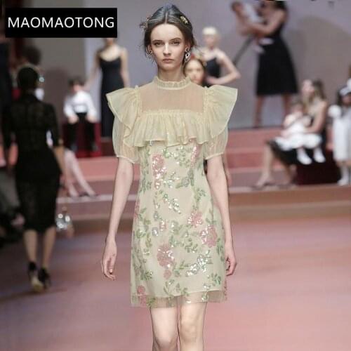 New 2021 Fashion Designer Summer club Party Dress Womens Gorgeous Sequins Ruffle Puff Sleeve Mesh Vintage Mini Dress