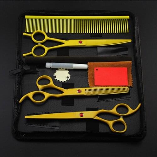 4 kit professional japan yellow pet 7 inch shears dog grooming hair scissors cutting thinning barber bag hairdressing scissors
