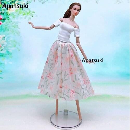 White Pink Floral Clothes For Barbie Doll Dress Outfits Set Party Gown White Base Shirt & Skirt 1/6 Dolls Accessories Kids Toys