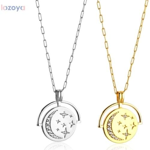 LOZOYA 925 Sterling Silver Coins Pendant Jewelry Luxury Big Long Chain Horoscope Necklace Women Luxury Rock Punk Star Zircon