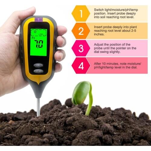 4 In 1 Digital Soil PH Meter Moisture Monitor Temperature Sunlight Tester With Backlight For Plants Garden Tool