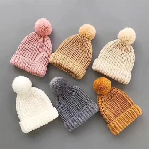 Baby Knitted Winter Hat Boys Girls Pompom Cap Crochet Knitted Candy Color Toddler Beanie Cap Infant Kids Children Hairball Hats