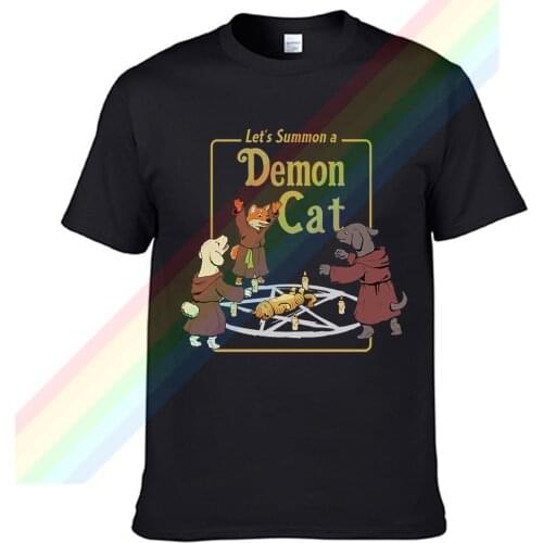 Let’s Summon A Demon Cat Retro Casual T Shirt Mens Summer Black 100% Cotton Short Sleeves O-Neck Tee Shirts Tops Tee Unisex