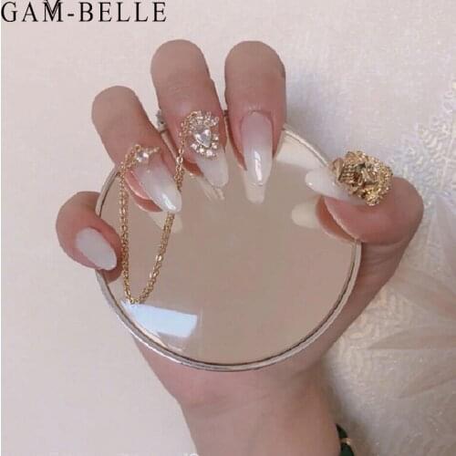 GAM-BELLE Gothic Skeleton Rhinestone False Nail Full Cover Long Ellipse Acrylic Press On Nails Tips Fake Nails Manicure Tool