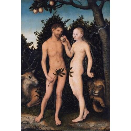 Good quality canvas printed portrait oil painting of famous classic art Adam and Eve for home decor free shipping