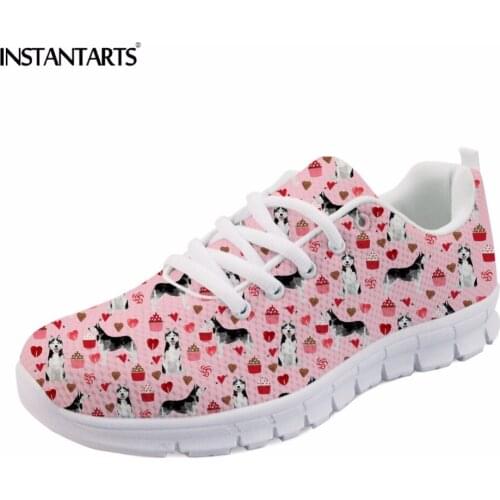 INSTANTARTS Fashion Womens Flats Shoes Cute Husky Dog Puppy Woman Student Casual Lace-up Sneakers Zapatillas Light Mesh Shoes