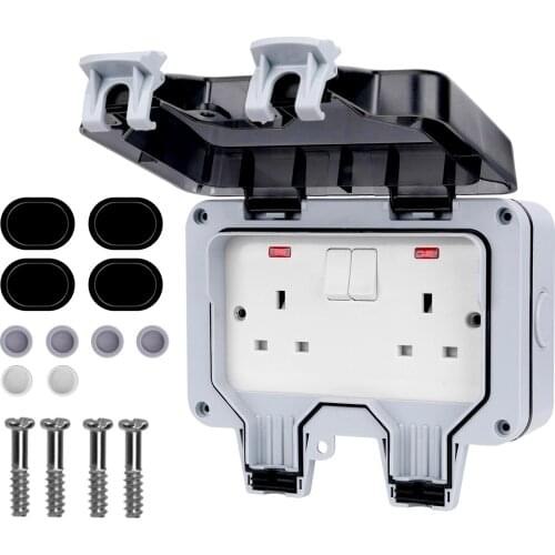 IP66 Weatherproof Outdoor Power Socket 2 Gang 13A UK Plug Socket Enclosure Box with Screws Outdoor Outlet Garden kitchen Tools