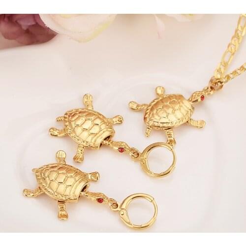 Classics 9 k Solid G/F Gold Tortoise red cz stone Pendant earrins Figaro chain Women Papua New party Jewelry PNG