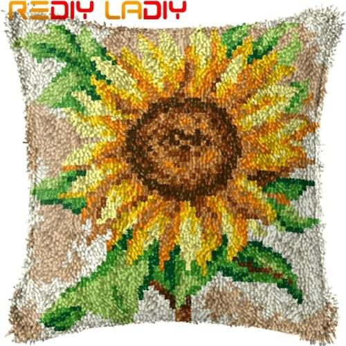 Latch Hook Cushion Big Sunflowers Pillow Case Printed Color Canvas Acrylic Yarn Latched Hook Pillow Crochet Cushion Cover Kits