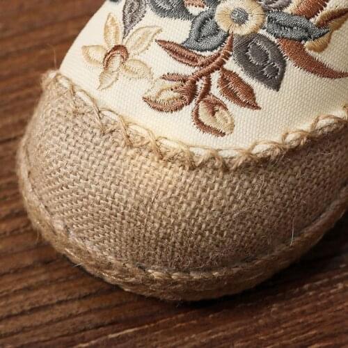 Women Patchwork Canvas Linen Loafers Handmade Ladies Casual Slip On Sneakers Embroidered Flat Espadrilles Hemp Shoes