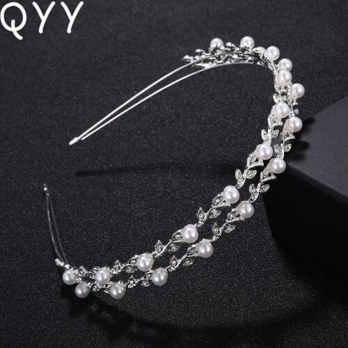 Fashion Bride Crown Leaf shape Rhinestone Wedding Headband ivory white Pearl Wedding Headpiece Rim for Hair