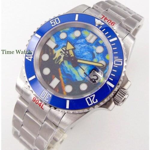 40mm Blue Face Mens Automatic Watch Japan NH35 Movement Sapphire 904L Bracelet Glide Lock Buckle Date Cyclops Ceramic Insert