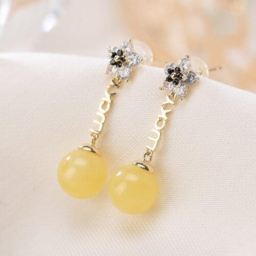 Natural 925 sterling silver gilt lucky flowers inlaid round beads amber earrings temperament sterling silver women earrings