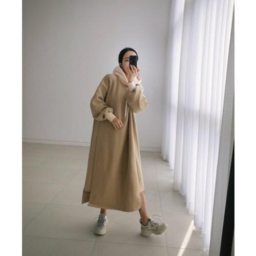 LMQ NEW Women Warm Casual Simple Long-Sleeved Hooded Sweatshirt Dress Clothing Drawstring Collar Pocket Lady Hooded Dress