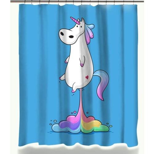 Rainbow Fart Fat Unicorn Bathtub Curtain Plastic Rings Hooks Mildew Resistant Polyester Shower Curtain Mat Set