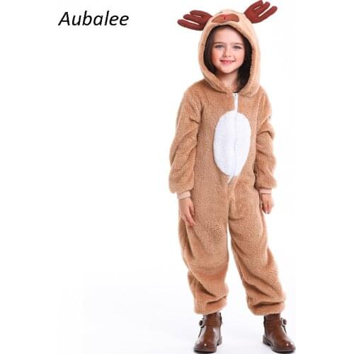 Deer Reindeer Cosplay Jumpsuit Christmas Elk Costume Adult Kids Masquerade Party Cute Antler Hood Animal Dress Up New Year Gift