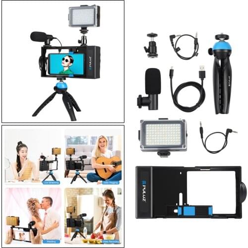 Universal Phone Stand Handheld Vlogging Rig Live Photography Kit Mini-Tripod w/ MIC LED Selfie Light w/ Bracket