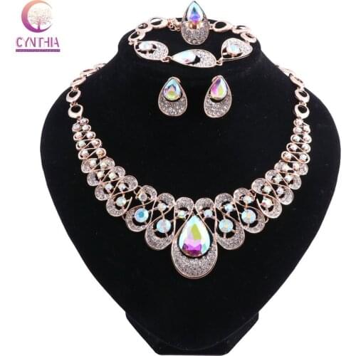Tassel Crystal Bridal Wedding Jewelry Sets for Women Gold Color Water Drop Necklace Earrings Set Wedding Party Jewelry
