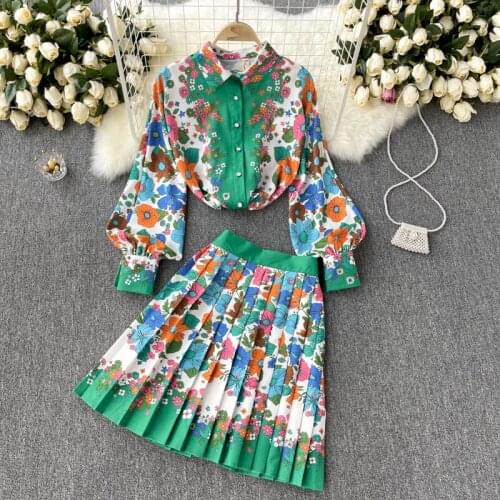 2021 Spring Autumn Women Turn Down Collar Long Sleeve Retro Print Shirts + Pleated Skirt Two Piece Set Female Suits Outfit