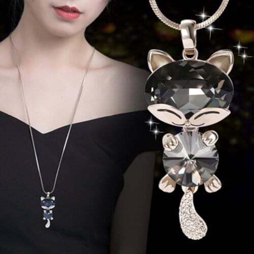 New Fashion Blue Crystal Fox Cat Long Necklaces & Pendants For Women Simple Elegant Trendy Jewelry Sweater Chain