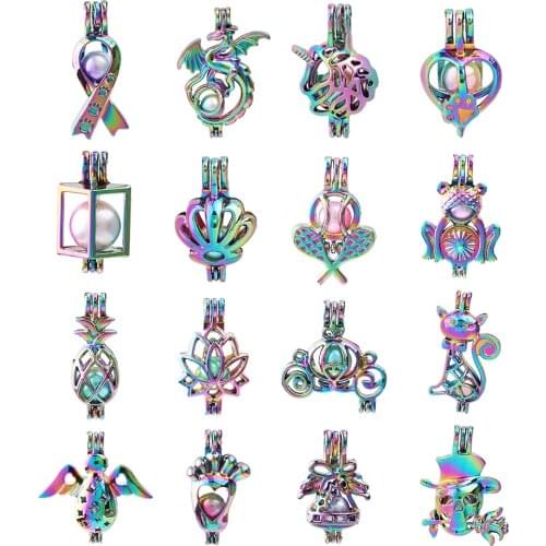 1pc Rainbow Color Dragon Ribbon Paw Unicorn Carriage Shell Pearl Cage Pendant Essential Oil Diffuser Locket for Oyster Pearls