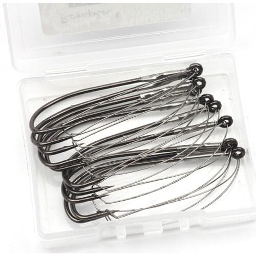 10pcs/box Weedless Barbed Fishing Hook Reusable Bass Single Worm Hook Worms Lure Bait Holder Fish Tackle Fishing Accessories