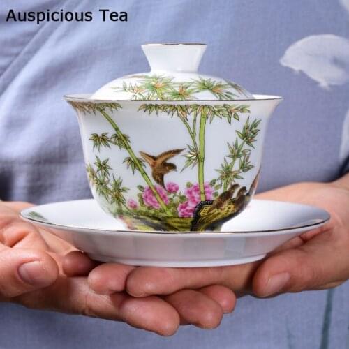 165ml Exquisite Enamel Ceramic Gaiwan Teacup Hand Painted Flowers and Birds Pattern Tea Bowl Chinese Porcelain Teaware Drinkware