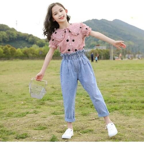 2020 Girls Boutique Outfits Teen Girls Clothes Childrens Clothing Suits Short Top Demin Pants Suit 2pcs Teenager Clothing Sets