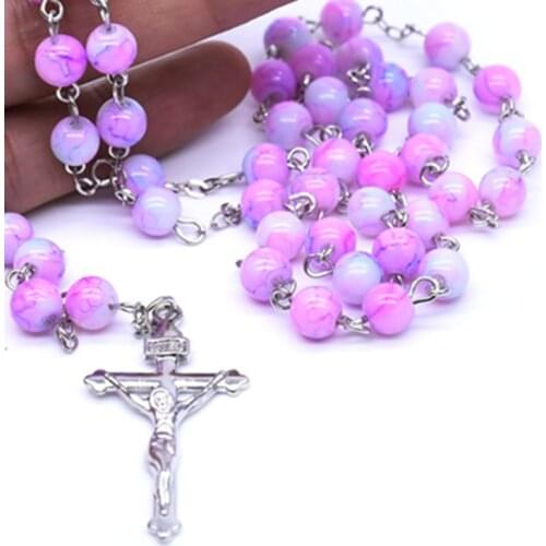 6mm Plum Glass Beads Madonna Rosary Beads Cross Necklace Hand Curved Needle Jewellery Accessories New 2021