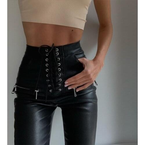 Black Faux PU Leather Pencil Pants Lace Up High Waist Slim Skinny Streetwear Autumn Casual Trousers Women