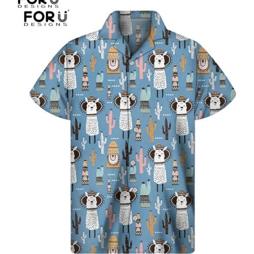FORUDESIGNS Cute Alpaca Prints Mens' Dress Tees Summer Beach Shirts Holiday Vacation Loose Chemise Homme Cuban Guayabera Shirt