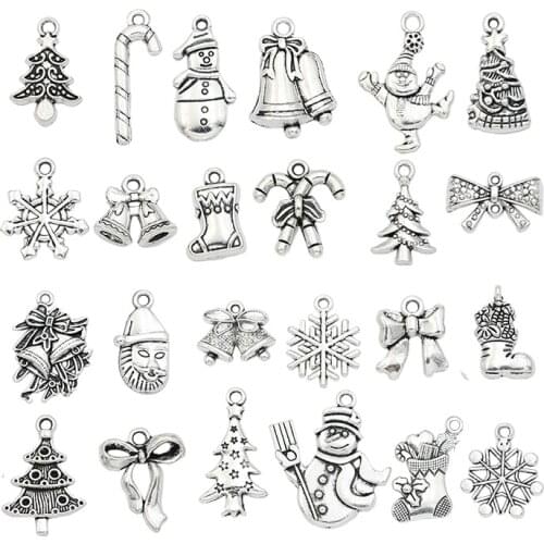 KJjewel Mixed Antique Silver Plated Christmas Tree Snowman Bow Snowflake Charms Pendants Jewelry Making Accessories DIY