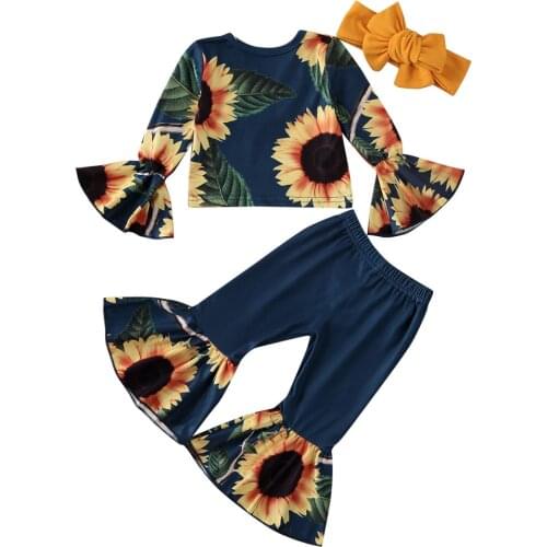 Fashion Kids Baby Girl Clothes Sunflower Outfits 3Pcs Flare Sleeve Off Shoulder Crop Tops Bell-bottoms Pants Headband 3Pcs 0-5Y
