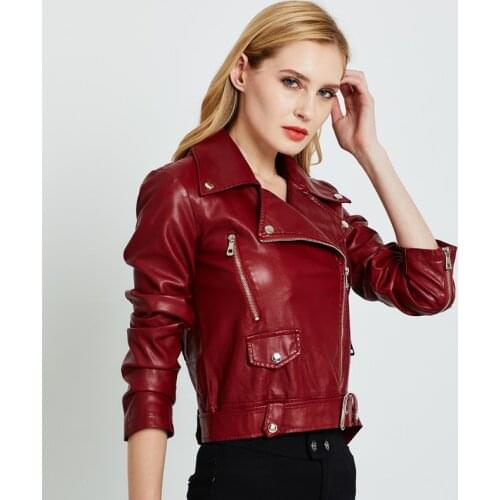 New Women Autumn Black Faux Leather Jackets Streetwear Short Zipper Basic Coat Turn-down Collar Motor Biker Jacket With Belt