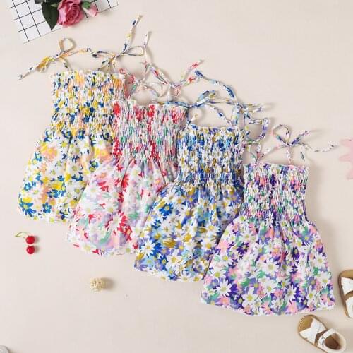 Infant Summer Princess Dress, Girls Smocked Tie Up Floral Print Boat Neck Spaghetti Strap Gown 1-6T