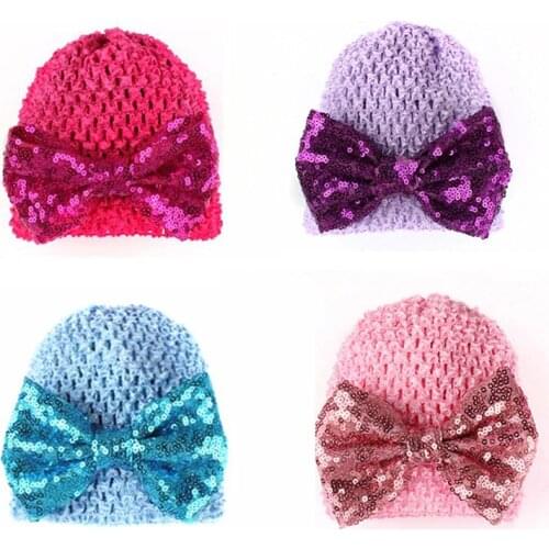 Newborn Cute Baby Hat Children Cotton Caps Sequin Bow Knitted Hat Girls Boys Hats Photography Props Beanies Accessories